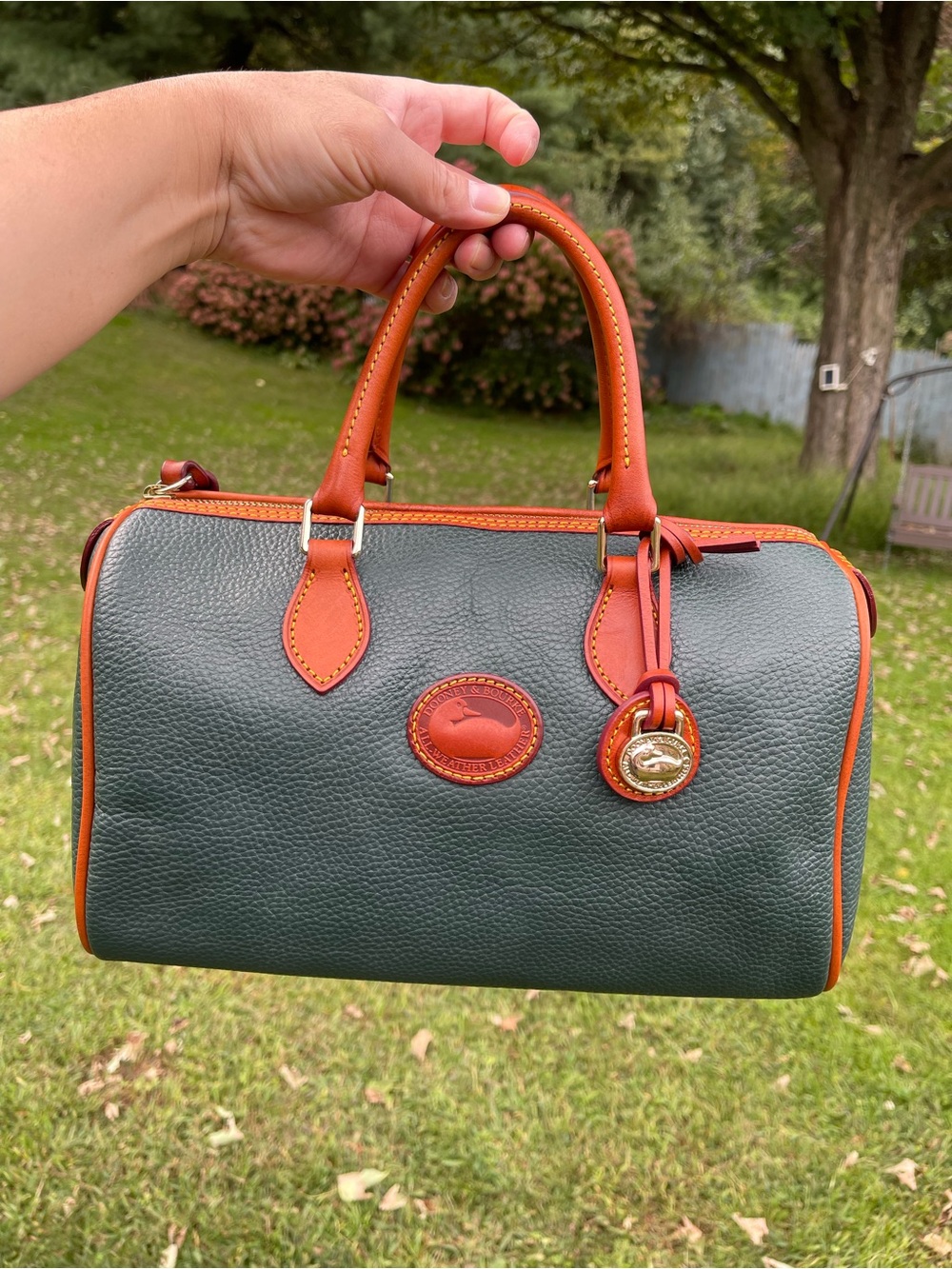 Dooney & Bourke Dark Green Pebbled Leather Satchel with Tan Trim